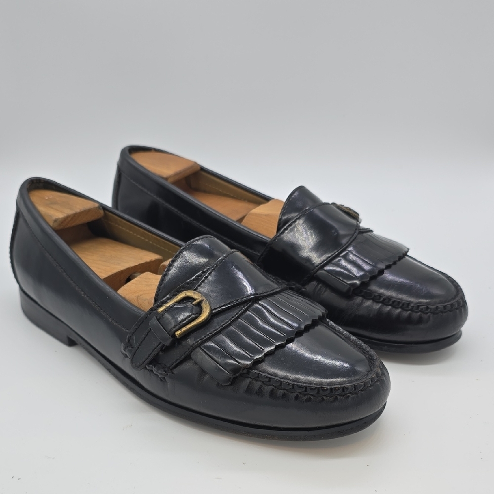 Cole Haan Black Leather Kiltie Loafers with Gold Buckle